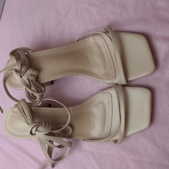 Neutral Square Toe Strappy Tie Platform Heeled Sandals size EU 36 - Picture 2 of 6
